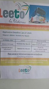 Bus Cleaner Needed We want many Men and Females to work Cleaning . if you have power drop ur number down here we will call u. no certificate wanted. : Cashier : Cleaners :Staff packing Closing date: Next Sunday Uushona Application online::🔍Allcareersonline.co.za For more information WhatsApp https://tinyurl.com/bdkjn3pp | Careers UP