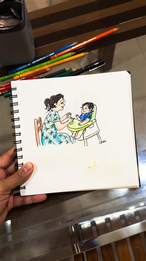 Ru was feeding Momo Varan-Bhaat ( Dal-rice ) and sabzi, he was enjoying it as usual when it suddenly hit me that this HAS TO be captured in my sketchbook. 😃 Loved how he held it close and then patted his stamp of love with a bunch of dal ☺️❤️ #sketching #sketchbook #artistlife #artofchai | Art of Chai