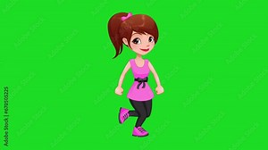 Isolated Little girl walking Cute 2d animated cartoon loop with green screen background