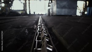 Rail Line in the Factory of Railcar Production Train Wagon Manufacture The Path of Life Railway Extreme Close Up Slow Motion Cinematic