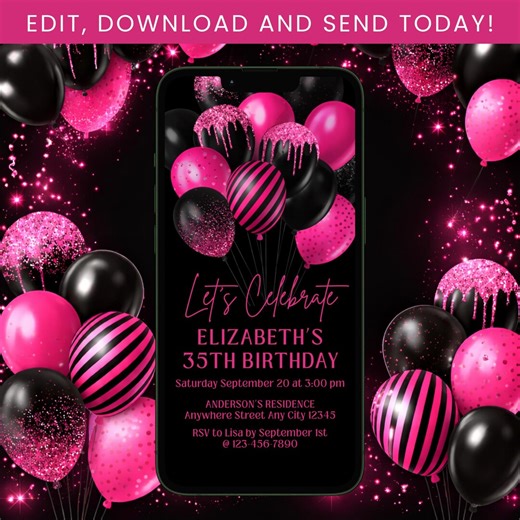 Hot Pink and Black Invitation, Women Birthday Invite, Hot Pink Balloons Invite, Mobile Invitation, Shades of Pink Template Digital Download - Etsy