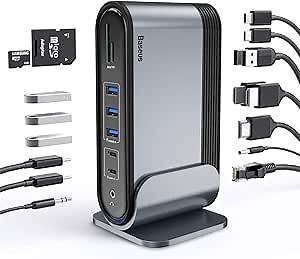 Baseus 17-in-1 USB C Docking Station to Cast on 3 Monitors with 100W PD USB-C Port, 4K HDMI*3, USB 3.0 * 5, LAN, SD/TF Cards Reader, Audio Port for Windows, Mac Laptop