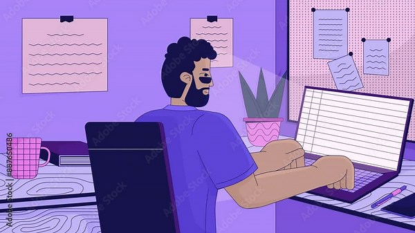 Working from home office lo fi animated cartoon background. Typing freelancer black man at laptop lofi aesthetic live wallpaper animation. Corporate job late night chill scene 4K video motion graphic