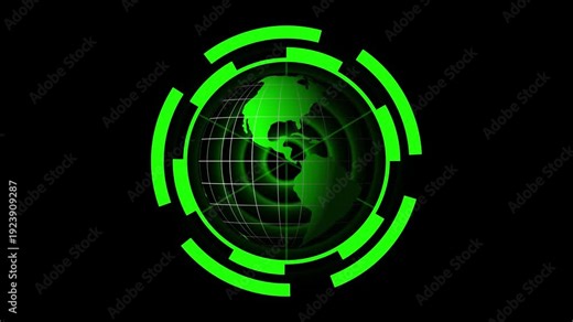 Green Digital Globe with Futuristic Circular Interface Overlay earth world animated, Futuristic radar screen interface with green digital grid and scanning beam, green radar screen animation.