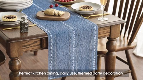 Artoid Mode Blue Rustic Cotton Linen Table Runner, Seasonal Embroidered Hollow Kitchen Dining Table Decoration for Home Party Decor 13x60 Inch