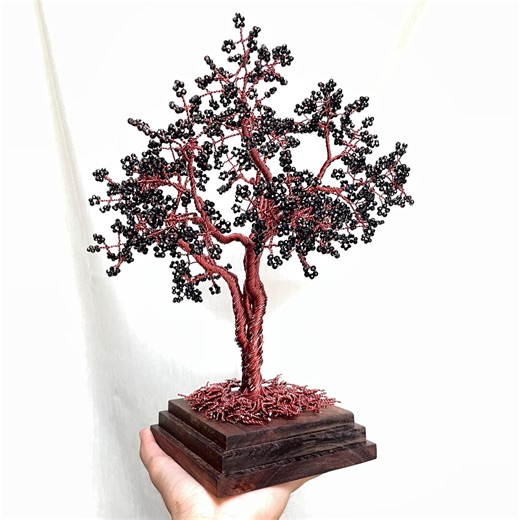 Handmade Black Bead Wire Tree Sculpture, Silver Wire Bonsai Tree Art, Fantasy Tree of Life Deco on Oil Polished Blackwood Base. - Etsy