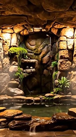 Luxury Cave Bathroom Waterfall Design | Natural Rock Shower Ideas 🪨🚿 #Shorts
