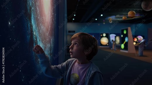 Child explores a planetarium and marvels at the solar system displays in an interactive science exhibit