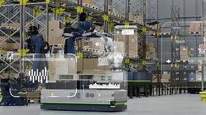 Animation of diagrams and data processing over machines working in warehouse | Premium Stock Video Footage