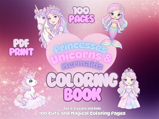 Princess Unicorn Mermaid Coloring Pages for Kids | 100 Printable Coloring Pages | Cute Kids Coloring Book | Instant Download - Etsy