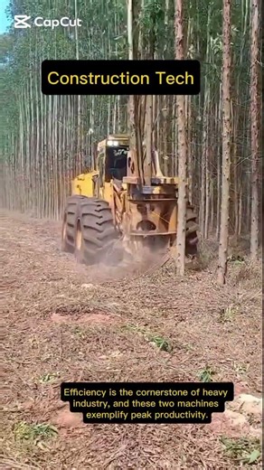 Crushed material falls through a sizing gap, while harvested trees are stacked for transport.