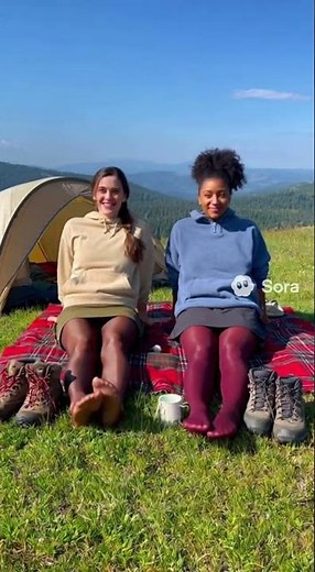 Foot sunbath on hiking camping trip: glossy pantyhose stockings tights socks feet stretch massage