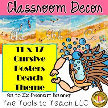Beach Cursive Alphabet Letters Aa to Zz Classroom Banner Grades 3rd-6th Low Prep