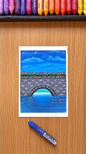Easy River Bridge Scenery Drawing with Oil Pastels Art Tutorial #art #oilpastel