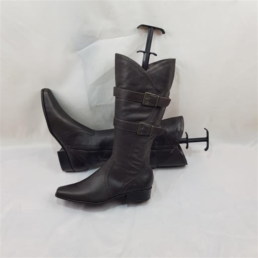 Vintage bottes hauteur genou en cuir marron femme : bout carré des années 90, boucle - taille 7 US - Etsy France