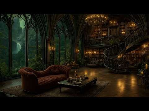 Gothic Library by the Waterfall in Spring Forest | Relaxing Piano & Violin with Rain | Dark Academia