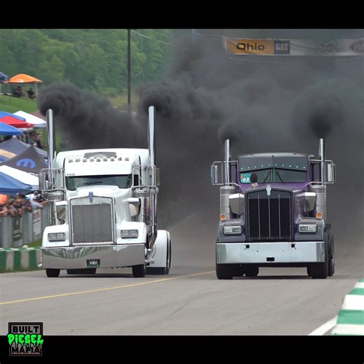 Wade Lalone's white Kenworth vs Arnold Knaggs Purple Kdub uphill bobtail semi drag racing from Unc's Semi Stampede 2024 #kenworth #kdub #semi #uphillsemidragracing | BUILT Diesel MAFIA