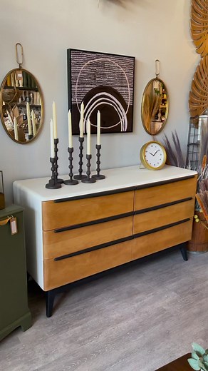 AVAILABLE! This vintage Heywood Wakefield MCM dresser is painted with Shackteau Interiors Milk Paint in White Beach. The drawers are natural wood with Black Beach handles and base. It measures 56”w x 20”d x 32.5”h. We’re located at 15 Lexington Ave # 1 Gloucester, MA. | Shackteau Interiors