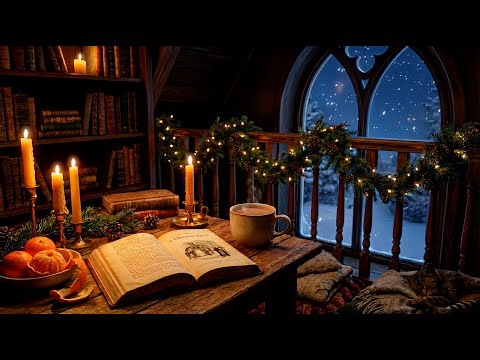 Old Library Christmas Ambience 📖 Cozy Reading Nook, Snow & Relaxing Music