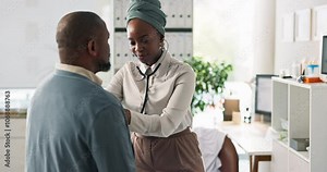 Woman, doctor and listening to heartbeat in clinic, cardiology and monitor valve with stethoscope. Female person, specialist and check lungs of patient in assessment, medical tool and consultation