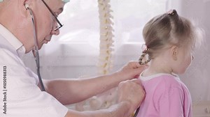 male doctor and young girl during medical examination, pediatrician uses stethoscope gadget examine health little patient, medical exam, child checkup, doctor visit, patient trust and care