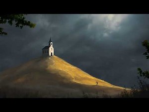 Man Hiking Up Hill To Church Under Cloudy Sky 4K Christian Worship Background Motion Loop