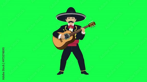 Mariachi Musician Playing the Guitar Green Screen Animation
