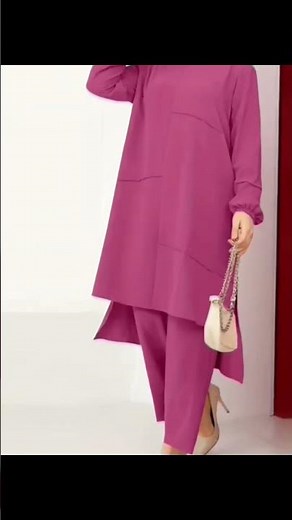Elegant Modest Women’s Two-Piece Outfit |Tunic Top Straight Pants | Solid Color Chic Set – CK3465106