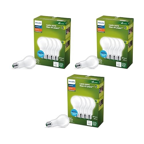 Philips LED 60W A19 12-Pack Ultra Efficient Soft White (5W = 60W) Dimmable Clear Flicker-Free Light Bulb