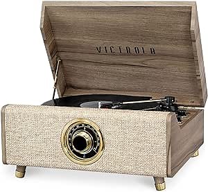 Victrola Highland 4-in-1 Bluetooth Record Player with Speakers – 3-Speed Vinyl Record Player, FM Radio & 3.5mm Aux, Wireless Music Streaming (Farmhouse Walnut)