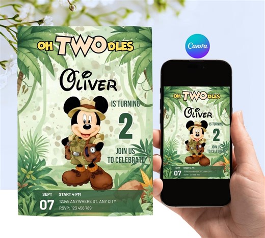 Editable Mickey Mouse Oh Twodles Birthday Invitation Safari Wild Canva Template - Etsy