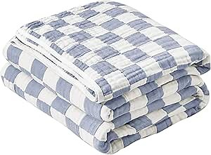 6-Layer Gauze Muslin Blanket 100% Cotton Blue Checkerboard King Size 90"x104" Cooling Throw Blanket Lightweight Soft and Breathable Cozy Blanket Bed Coverlet Both Sides (Blue Checkerboard, King)