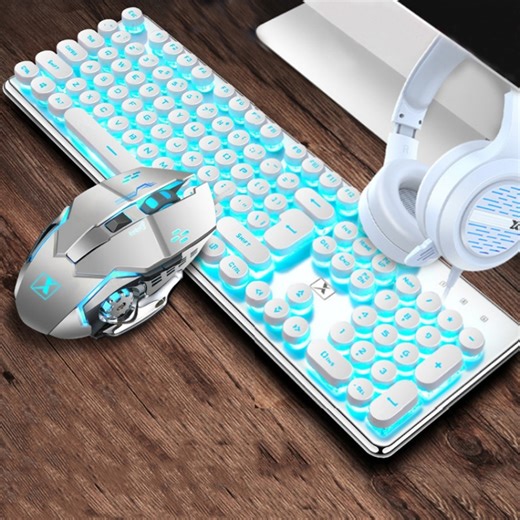 [$1.96] XINMENG 620 Punk Version Manipulator Feel Luminous Gaming Keyboard + Macro Programming Mouse + Headphones Set, Colour:Crystal White Blue Light