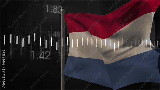 Numeric overlay appearing, flag red-white-blue rippling while jagged waveform moving, showing data