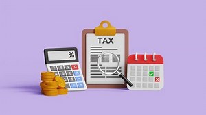 Tax payment and business tax concept. Tax form, Calculator, coins, and calculator with magnifying glass. 4k 3d loop animation