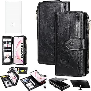 Asuwish Phone Case for Samsung Galaxy Note 10 5G Zipper Wallet Detachable Cover with Tempered Glass Screen Protector and Flip Card Holder Cell Accessories Note10 Notes 10s Ten Not S10 Women Men Black