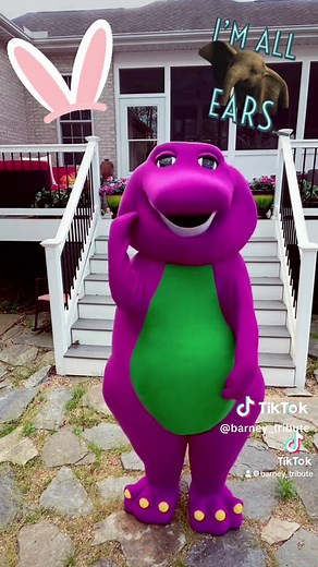 C’mon Everybody! Let’s see how low your ears hang!👂🏽💜💚💛#barneythedinosaur #mascot #childhood #singalong #throwback #doyourearshanglow
