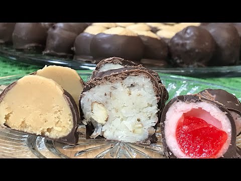 3 Christmas Candies. Peanut Butter Buckeyes. Coconut Bon Bons, Chocolate Covered Cherries