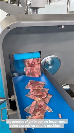 the process of thinly cutting frozen meat using a precision cutting machine..