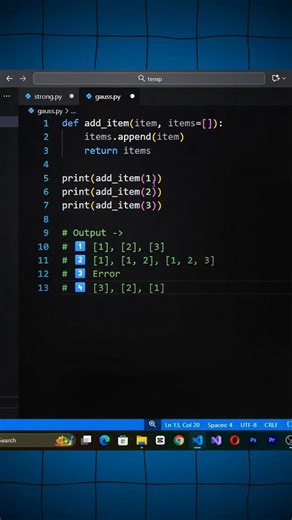 Sagar . Code -- Cyber security 🚀 on Instagram: "Python ka sabse confusing trap 😳 90% log sochte hain har call par nayi list banegi… Par asli game to default argument me chhupa hai 😏 Guess karo 👇 #PythonTricks #CodeQuiz #GuessTheOutput #CodingChallenge"