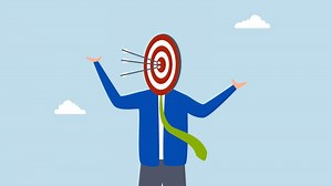 Marketing target audience for advertising, 4k animation of Entrepreneur aims at the archery target center and successfully strikes the bullseye with three arrows.