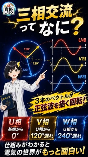 三相交流の描き方をアニメで解説！3本の波が正弦波になる仕組み【電験三種・電工二種】
