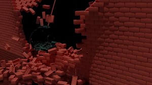 Breaking red brick wall animation being wrecked by heavy metal spheres. Design. Ruined red brick wall by black ball hanging on chains.