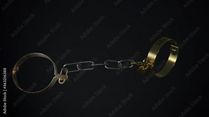 4k concept animation of brass type virtual shackles or handcuffs with debt text struggle and eventually break the chain. Comes with the Alpha Matte.