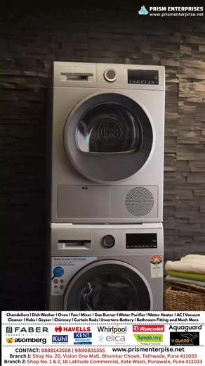 🔷✨ Prism Enterprises Presents Bosch Washing Machine & Dryer ✨🔷 Worried about shrinkage? 🤔 Bosch Dryer delivers 100% dry laundry 👕 | 0 shrinkage 🚫 | Total convenience ⚡ Gentle on clothes, tough on moisture 💧 💫 Premium Brands Under One Roof Whirlpool | Havells | Faber | Elica | Racold | Aquaguard | V-Guard | Atomberg & more 🏠 Everything for Modern Homes: 💡 Chandeliers | 🍽️ Dishwashers | 🔥 Gas Hobs | 🍰 Ovens | ❄️ ACs | 🧺 Washing Machines | ♨️ Geysers | 🚿 Bath Fittings | 🔐 Smart Locks