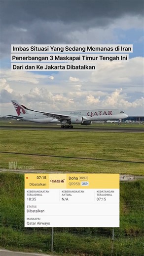 Imbas situasi yang sedang memanas di Timur Tengah / Iran, Penerbangan 3 maskapai timur tengah ini ke dan dari Jakarta dibatalkan. Semoga situasi semakin membaik. #middleeast #qatarairways #emirates #etihadairways #pesawat #timurtengah #airline #flightcancelled #iran #qatar
