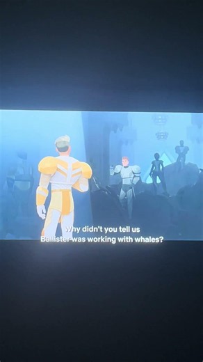 silver armed alpha questioning golden armed alpha about whale in Nimona