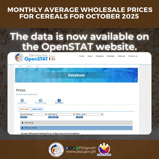 Statistical Tables on the Monthly Average Wholesale Prices for Cereals for October 2025 The monthly data on the average wholesale prices for agricultural commodities are obtained from the results of the Wholesale Price Survey of Selected Agricultural Commodities conducted every week of the reference month. Wholesale price refers to the price of commodity transacted in bulk for further resale or processing. Click here to see data: https://openstat.psa.gov.ph/Database/Prices/Wholesale-Selling-Pric