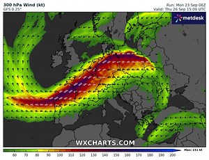 💨 Le courant jet va nettement s'accélérer au dessus de la France en milieu de semaine. Il s'accompagnera de pluies parfois abondantes et de vents forts, notamment de mercredi à vendredi. 🌧️ | Météo Express
