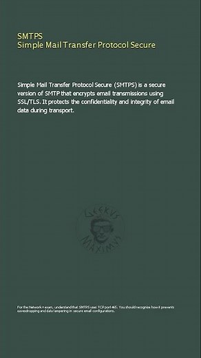 SMTPS Simple Mail Transfer Protocol Secure - Network+